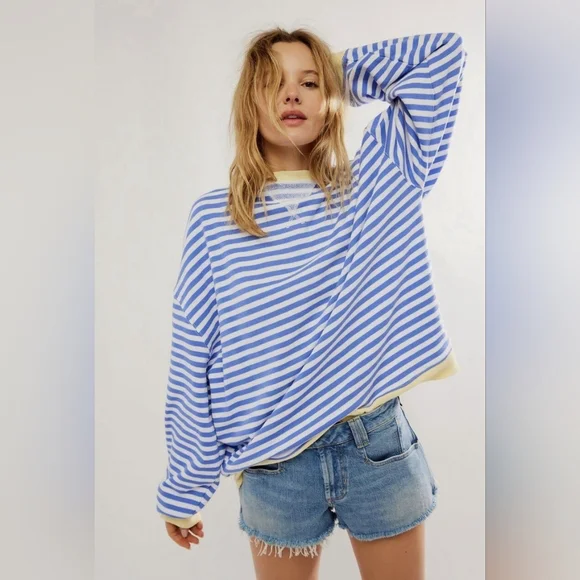 WE THE FREE Free People Classic Pullover Sweatshirt in Blue Combo Size XL - Picture 1 of 14
